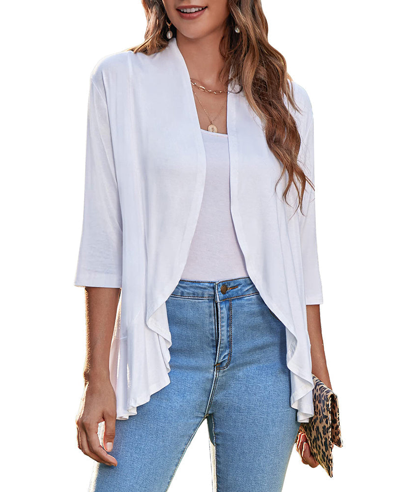 Women's Open Front Cardigan 3/4 Sleeve Draped Ruffles Soft Knit Sweaters - Zeagoo (Us Only)