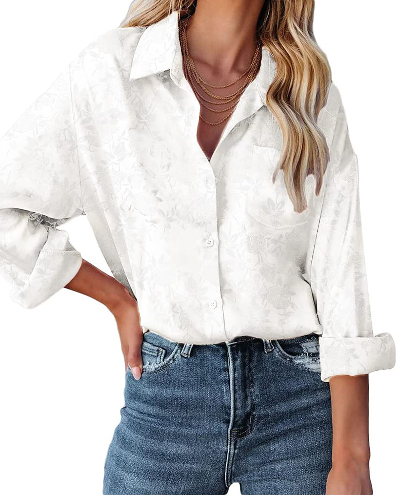 Satin Silk Shirt Floral Button Down Blouse - Zeagoo (Us Only)
