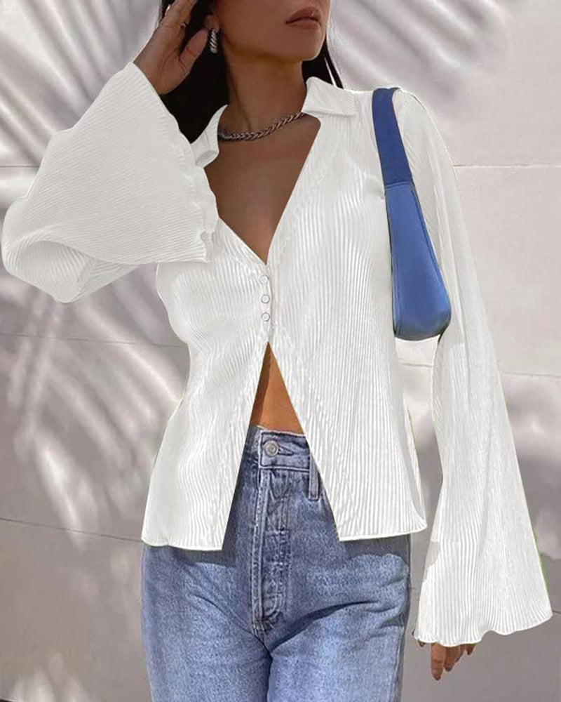 Women's Deep V Neck Shirt Button Front Blouse Bell Long Sleeve Tops - Zeagoo (Us Only)