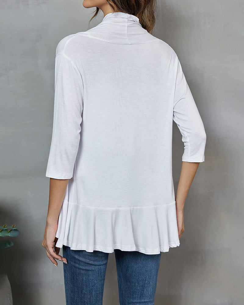 Women's Open Front Cardigan 3/4 Sleeve Draped Ruffles Soft Knit Sweaters - Zeagoo (Us Only)