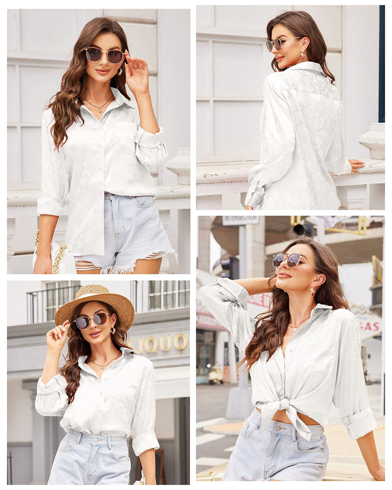 Satin Silk Shirt Floral Button Down Blouse - Zeagoo (Us Only)