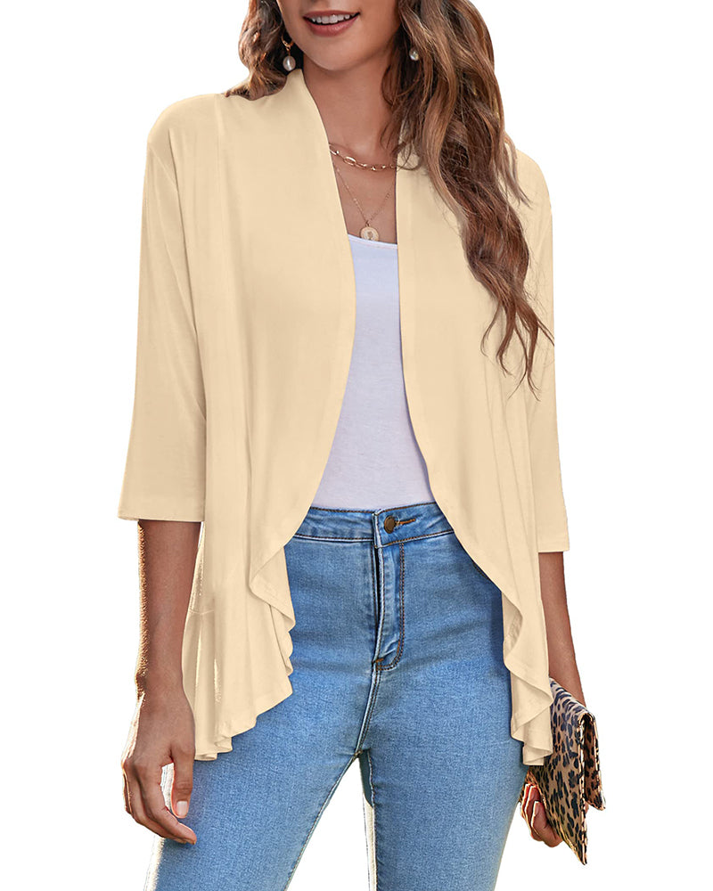 Women's Open Front Cardigan 3/4 Sleeve Draped Ruffles Soft Knit Sweaters - Zeagoo (Us Only)