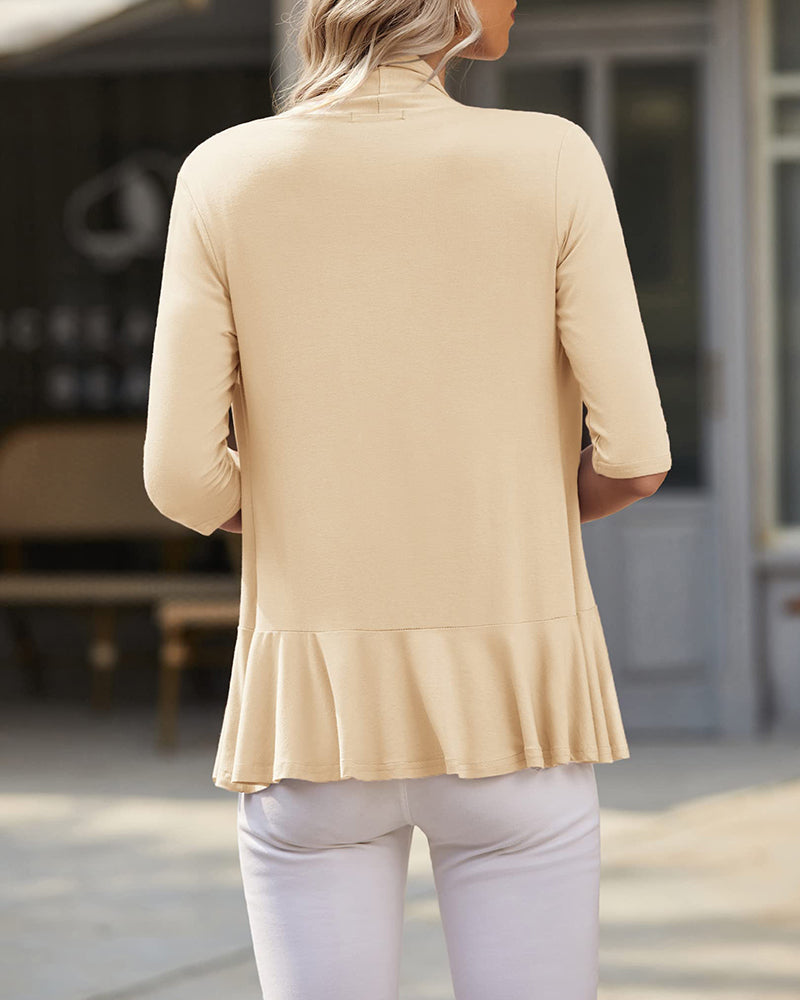 Women's Open Front Cardigan 3/4 Sleeve Draped Ruffles Soft Knit Sweaters - Zeagoo (Us Only)