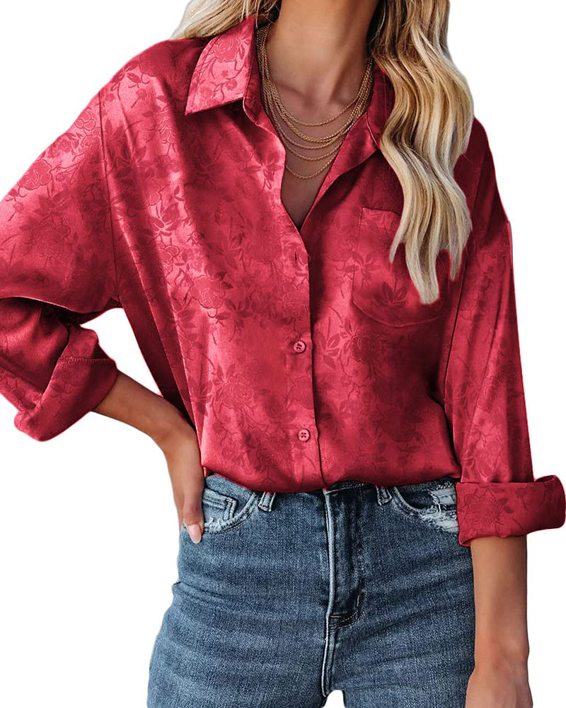 Satin Silk Shirt Floral Button Down Blouse - Zeagoo (Us Only)
