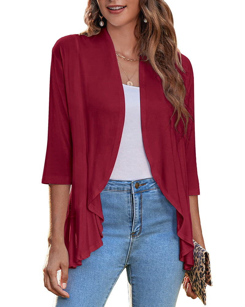 Women's Open Front Cardigan 3/4 Sleeve Draped Ruffles Soft Knit Sweaters - Zeagoo (Us Only)