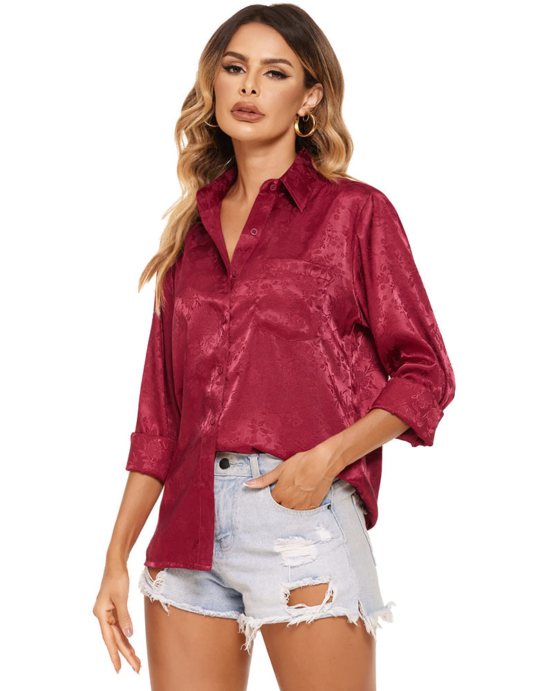Satin Silk Shirt Floral Button Down Blouse - Zeagoo (Us Only)