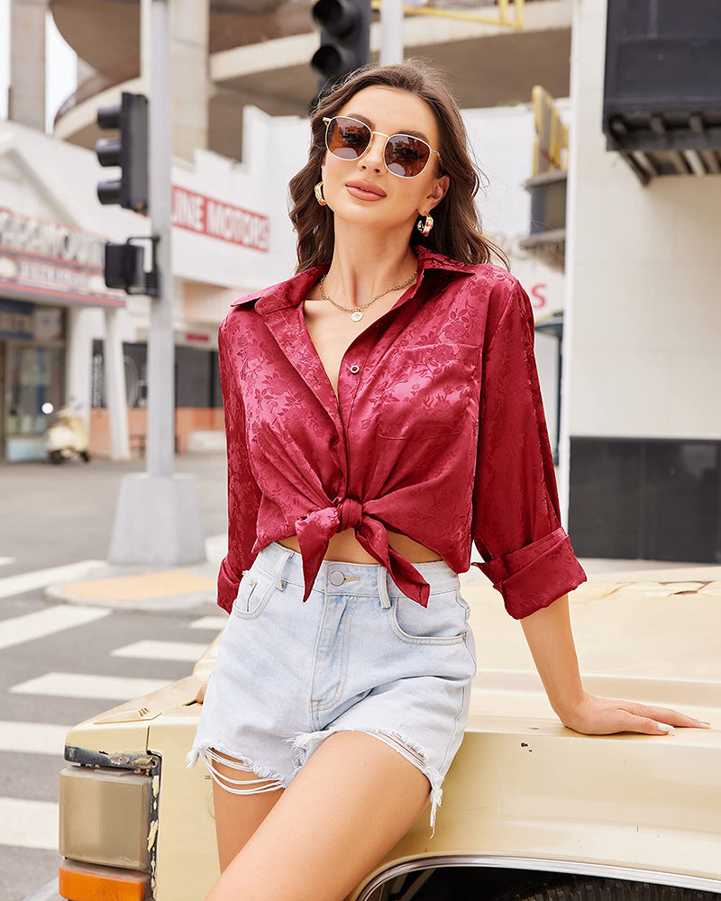 Satin Silk Shirt Floral Button Down Blouse - Zeagoo (Us Only)