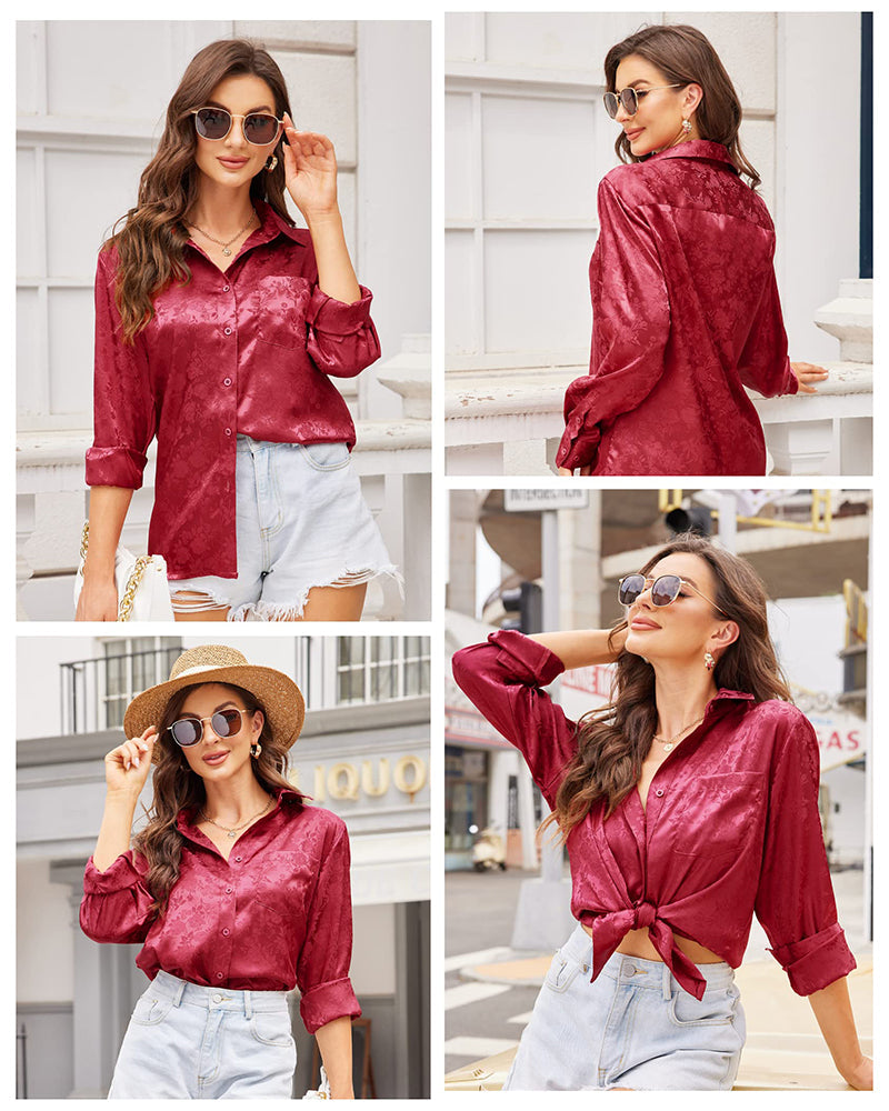 Satin Silk Shirt Floral Button Down Blouse - Zeagoo (Us Only)