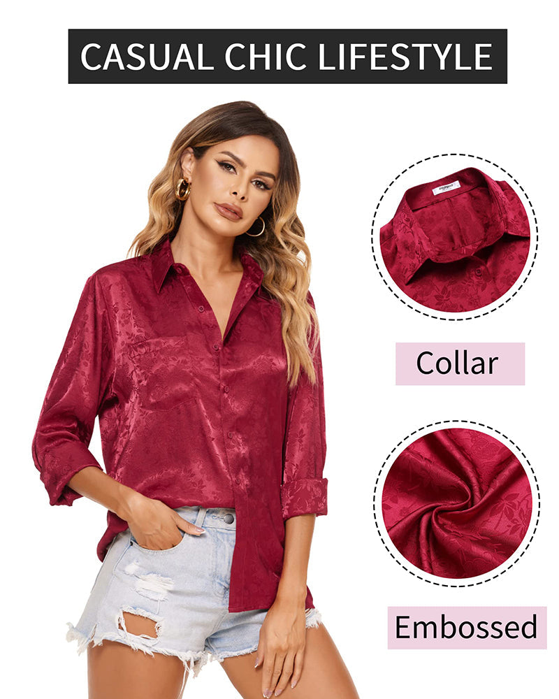 Satin Silk Shirt Floral Button Down Blouse - Zeagoo (Us Only)