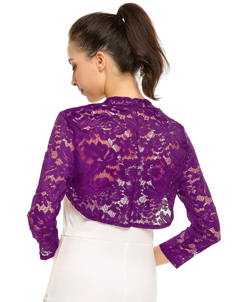 Women's 3 4 Sleeve Bolero Shrugs Crochet Lace Open Cardigan - Zeagoo (Us Only)