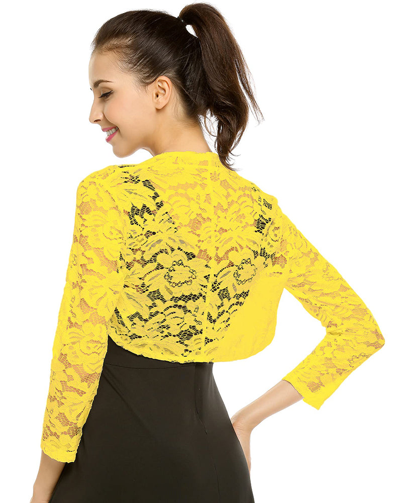 Women's 3 4 Sleeve Bolero Shrugs Crochet Lace Open Cardigan - Zeagoo (Us Only)