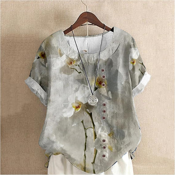 Women's Elegant Watercolor Art Simple Flowers  Cotton And Linen Short Sleeve Top