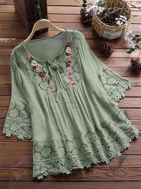 Women's Blouses Loose Belted Lace 3/4 Sleeves Blouse