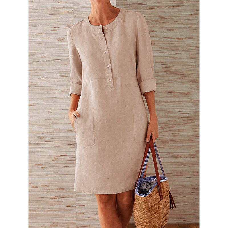 2026 Cross-Border Spring New Aliexpress Big Size Women'S Clothing Cotton And Line Round Neck Long Sleeve Dress