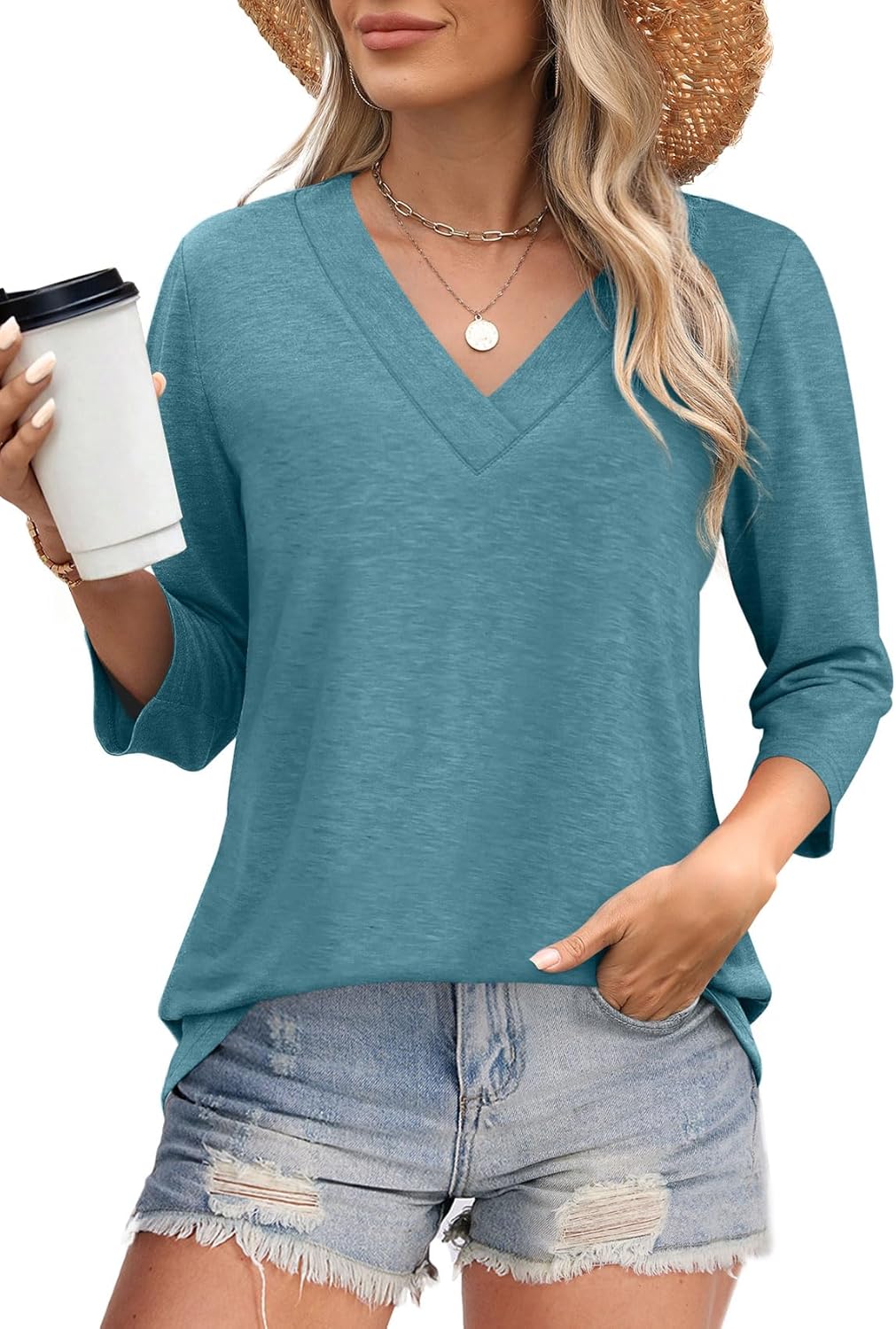Women's V Neck 3/4 Long Sleeve  Loose Fit  Tops
